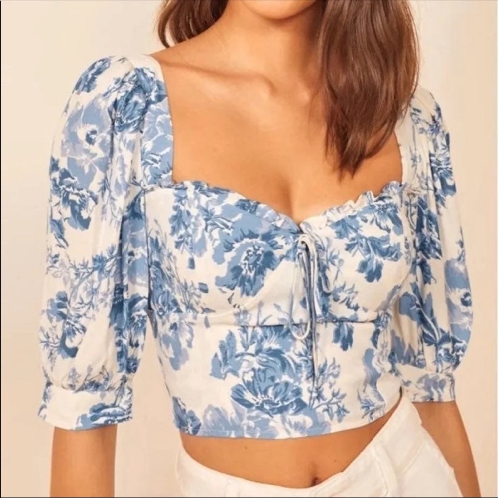 Reformation Luna Puff Sleeve Floral Top 10 - Picture 1 of 7